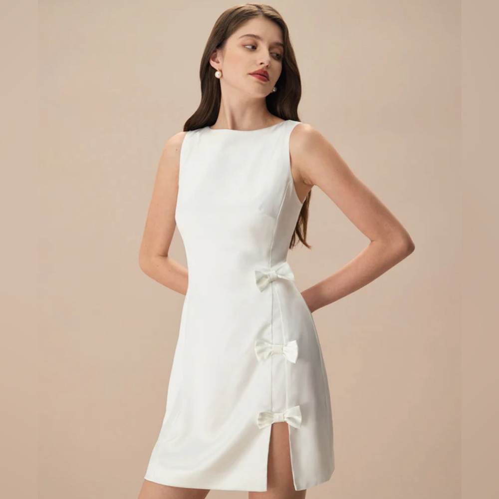 NWT RIHOAS The White Boat Neck Bowknot Satin Mini Dress Sz S - Picture 3 of 7